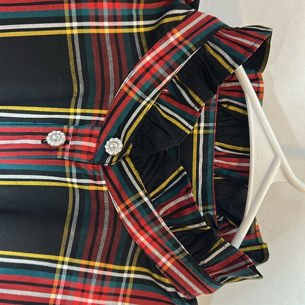 J. Crew Red, Black, Green and Gold Plaid Rhinestone Button-Down Shirt Size XL - Picture 3 of 14
